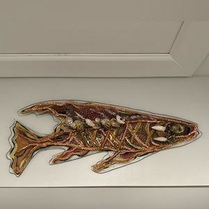 Stylized fish. One of a kind acrylic, shell and sequins fish. Measures 24x10.